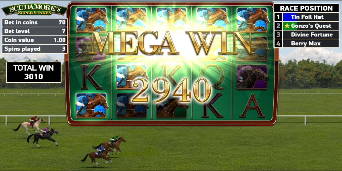 Scudamore's Super Stakes slot game Mega Win during Peter's Classic Cup