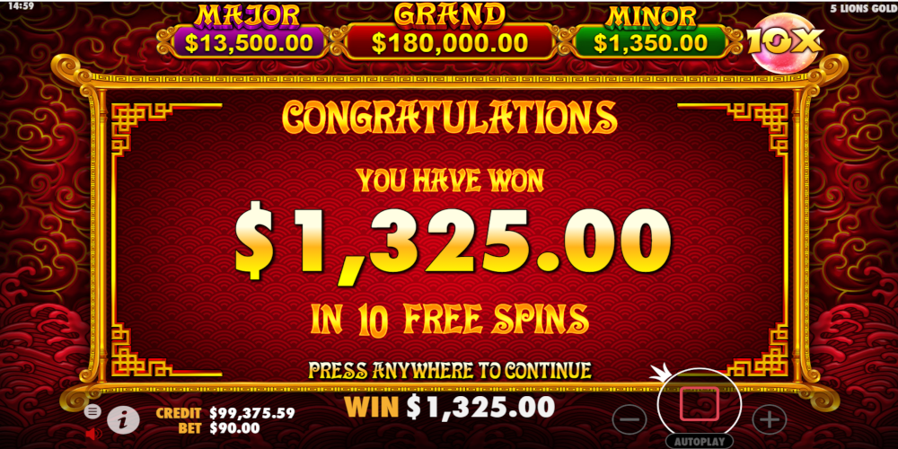 5 Lions Gold slot game Win during Free Spin