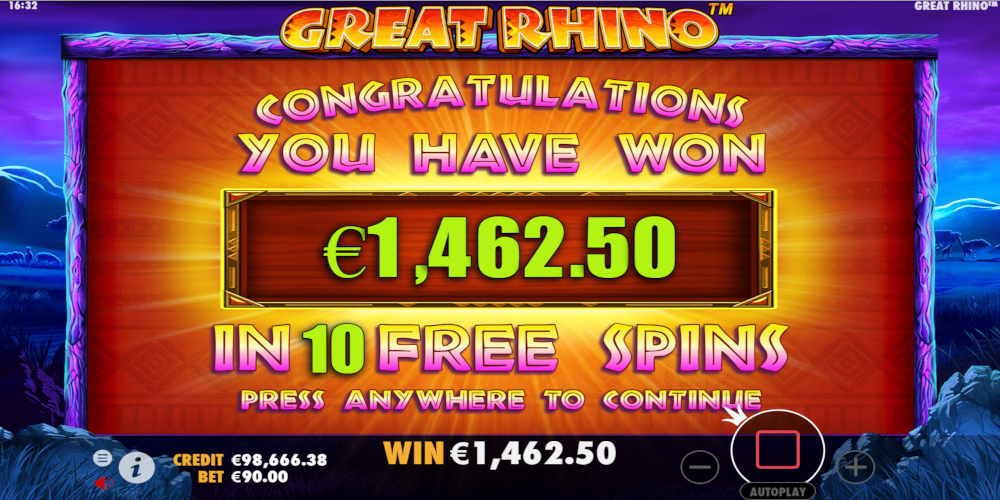 Great Rhino slot game Win during Free Spin Great Rhino slot game Win during Free Spin