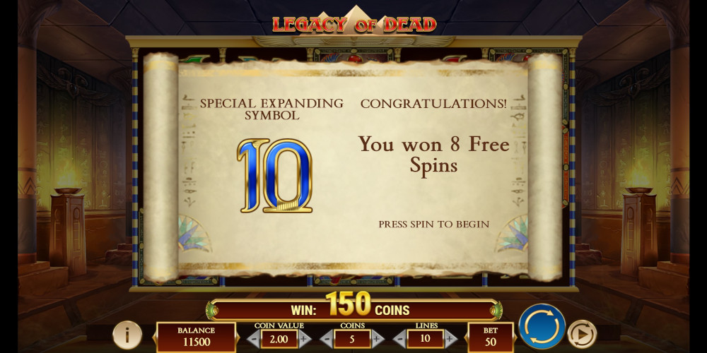 Legacy of Dead slot game 8 Free Spins won