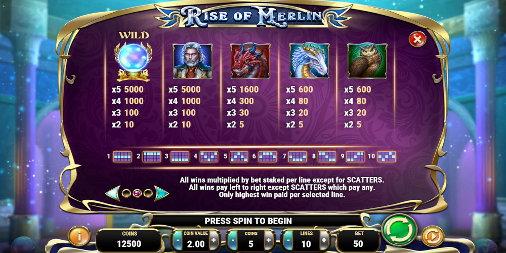 Rise of Merlin slot game PayTable Rise of Merlin slot game PayTable