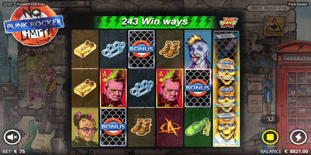 DEMO Punk Rocker slot free play game - three Bonus symbols