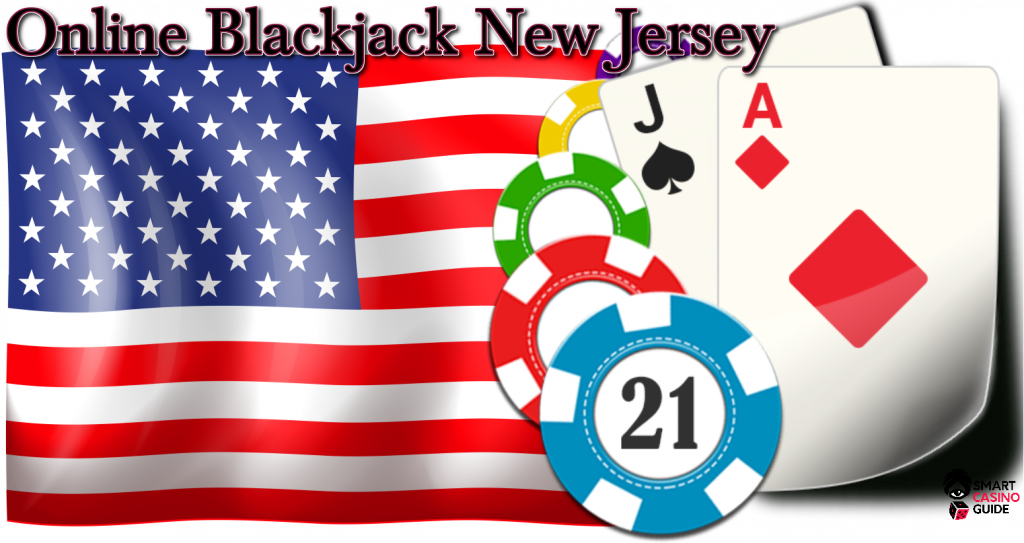 text - Online Blackjack New Jersey, US flag, AJ cards, 21 casino chips