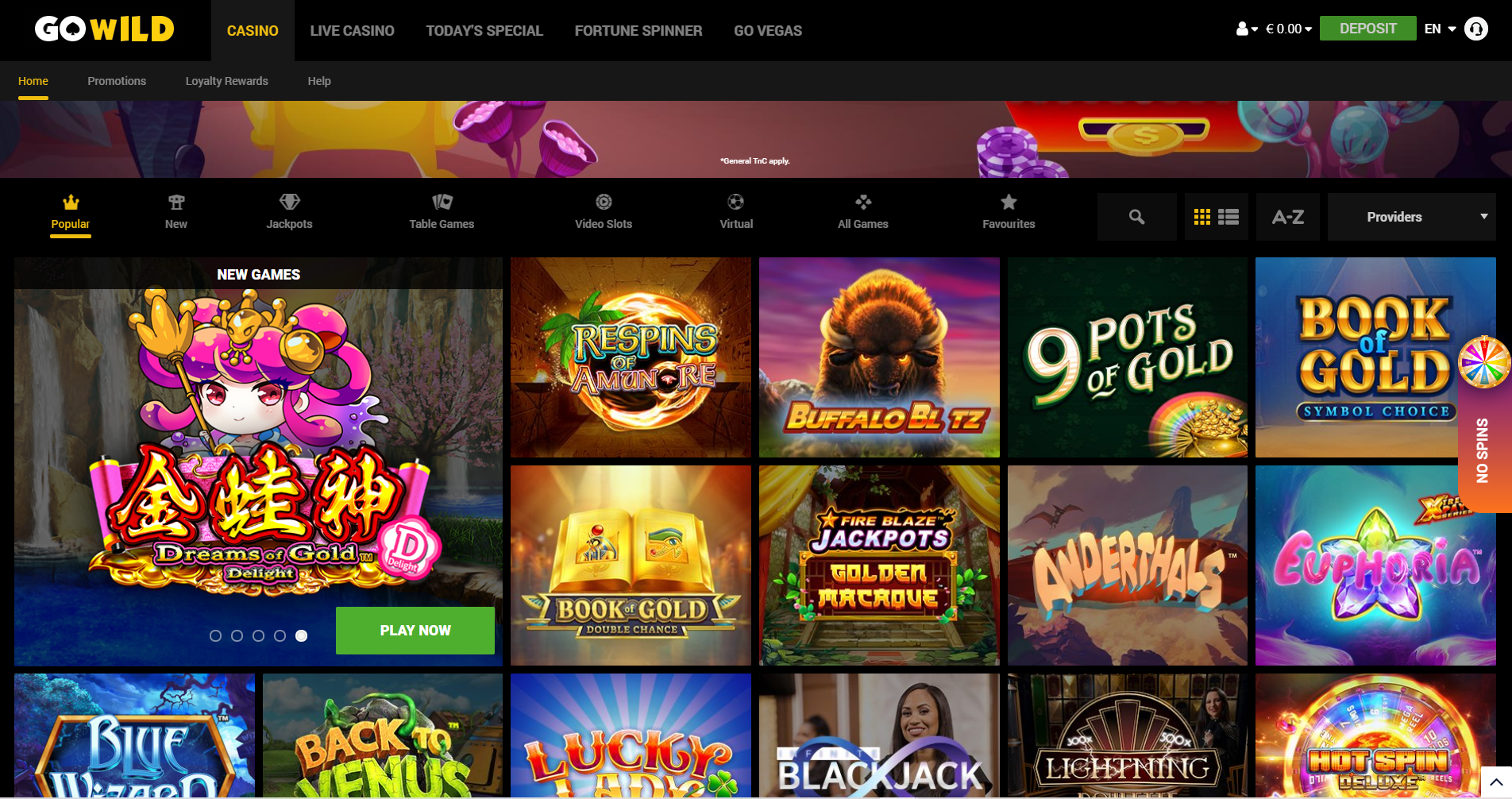 go wild casino games - buffalo blitz - book of gold - euphoria - back in venus - blackjack - lightning roulette