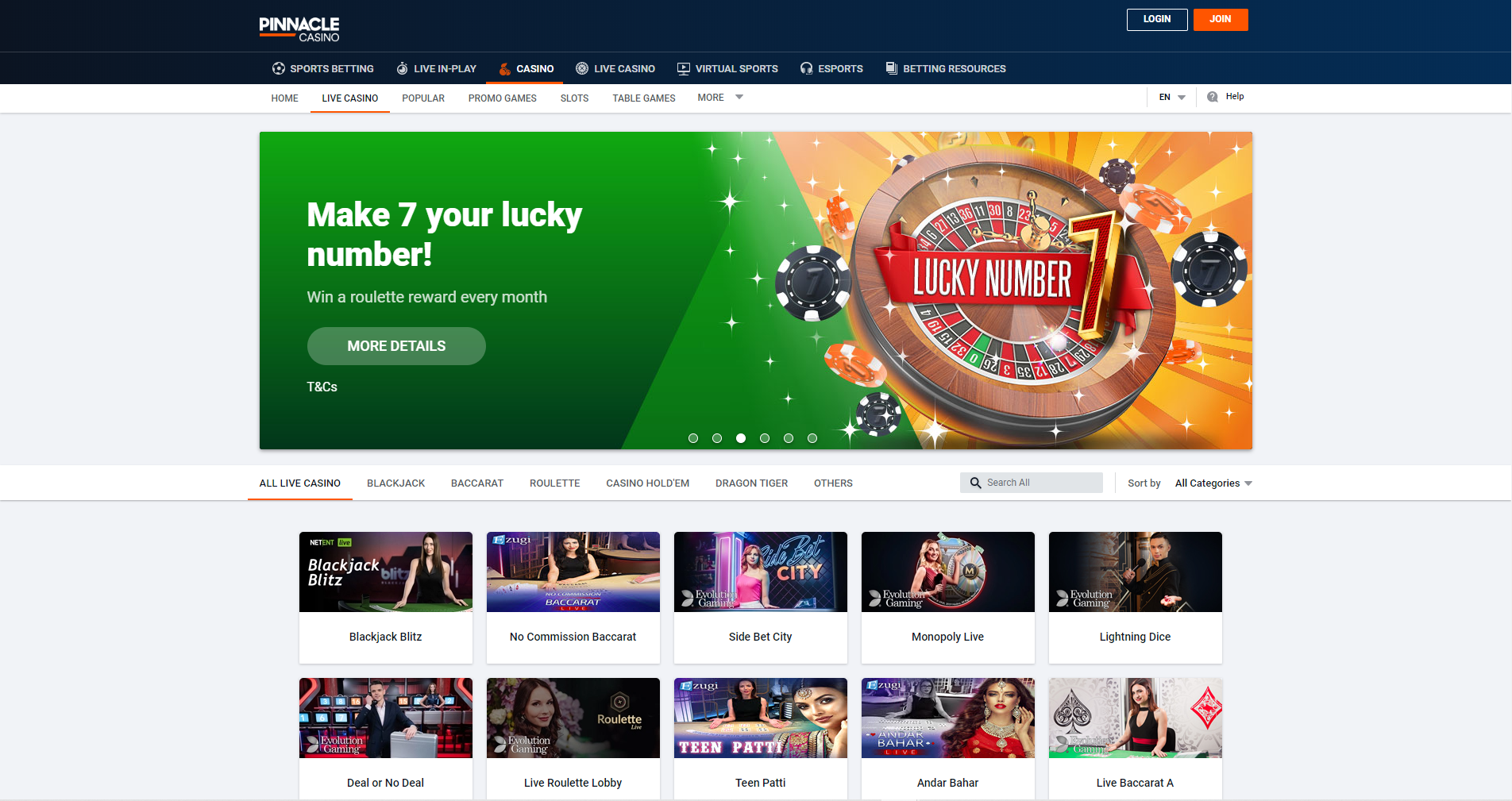 pinnacle live casino - lucky number 7 blackjack lightning dice roulette