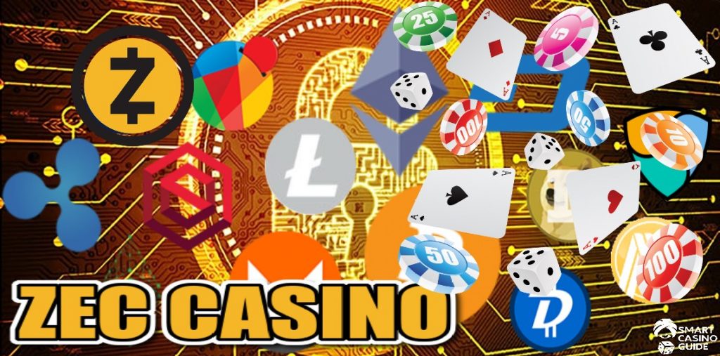 zec casino - different cryptocurrencies logos, poker cards, chips, dice