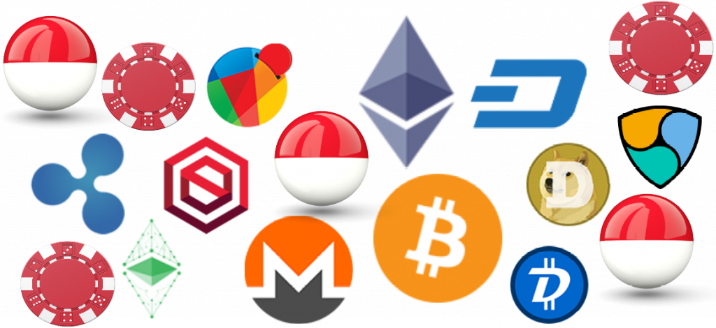 Cryptocurrencies logos, flag Indonesia, poker chips