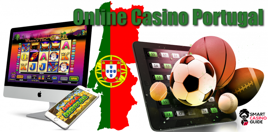 Computer with slot, Tablet with sports balls, Portugal flag, online casino Portugal - text
