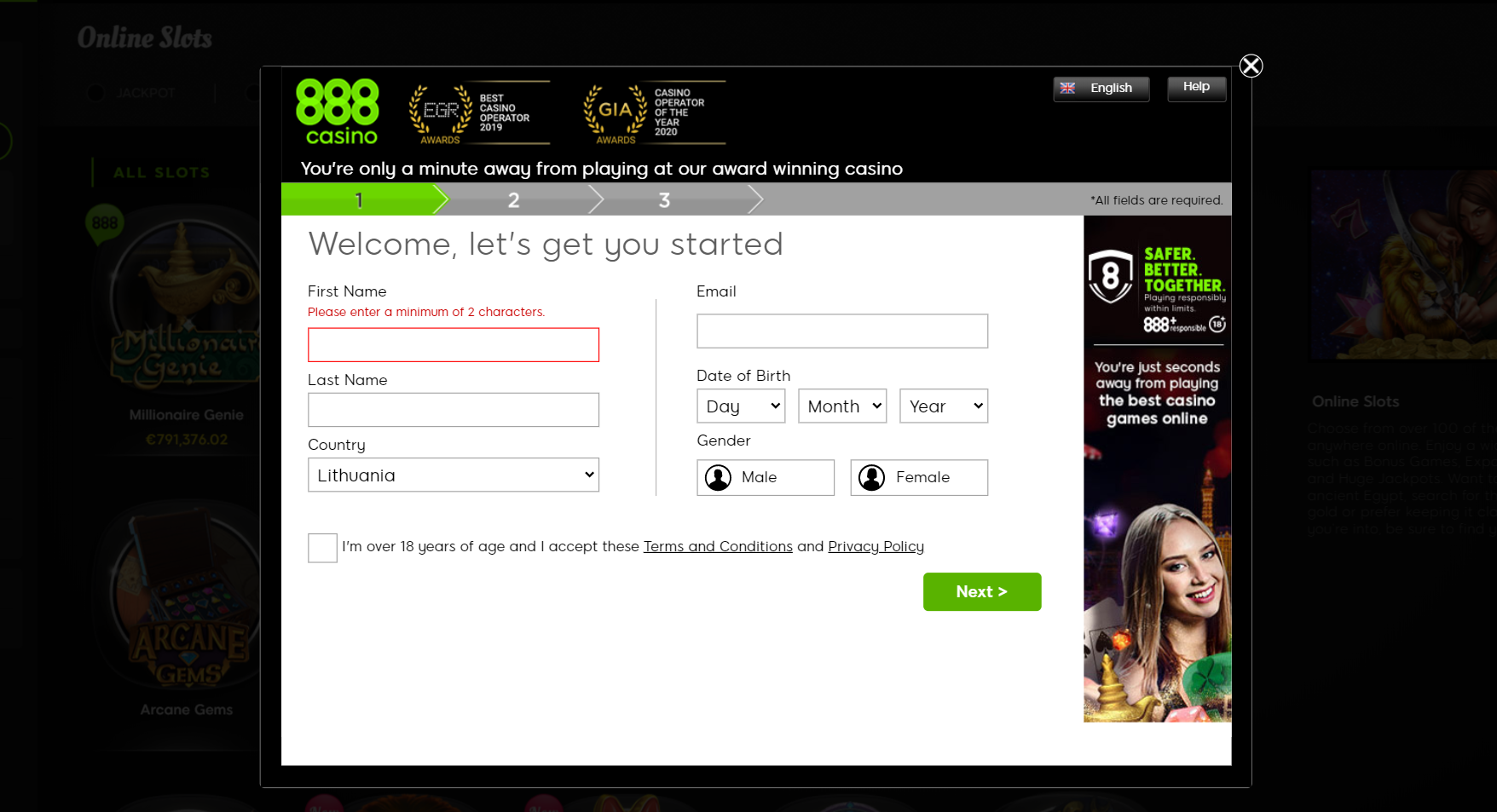 888 casino login sign up cashier registration