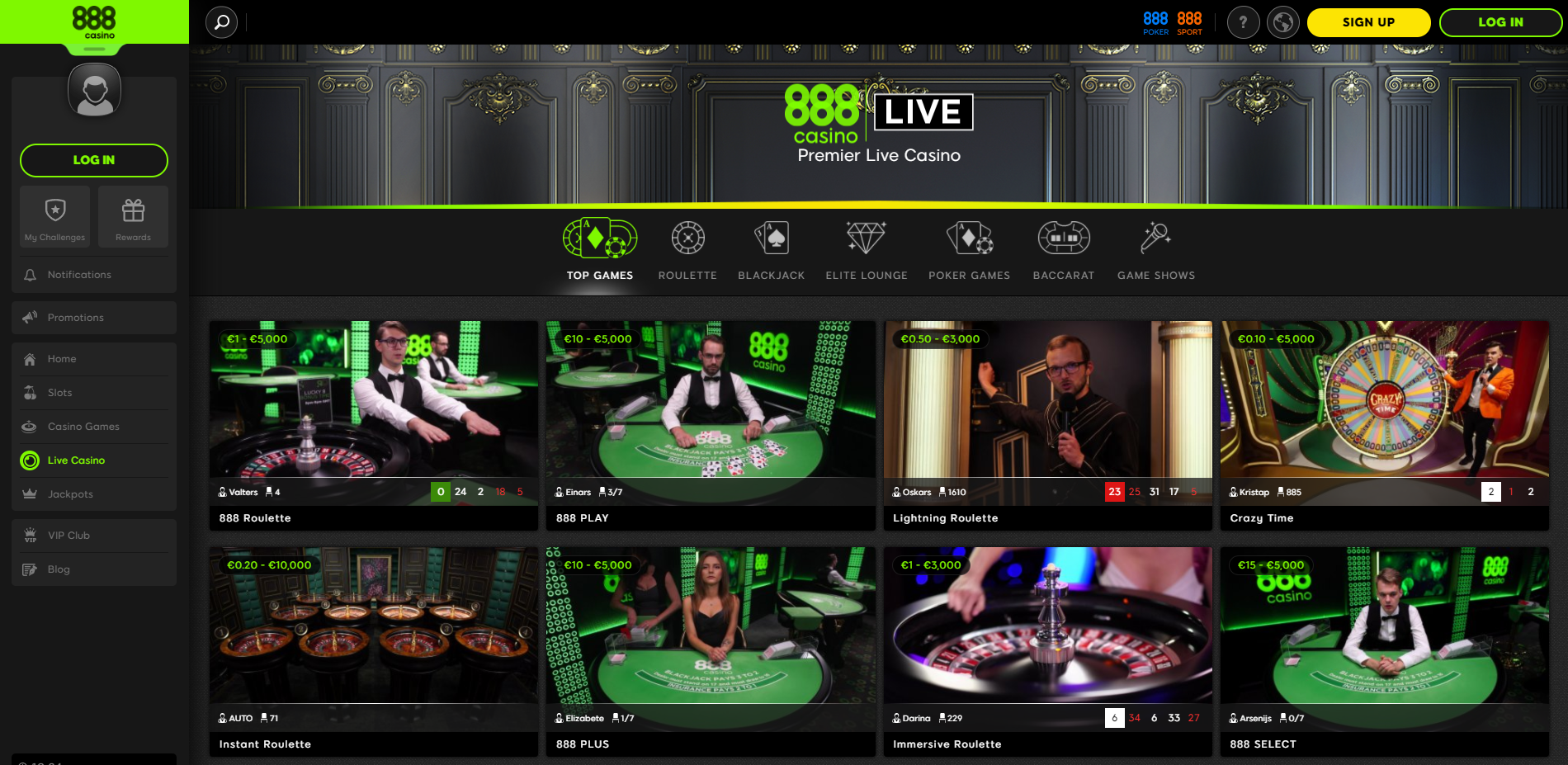 888 live casino blackjack roulette live dealer crazy time lightning roulette poker
