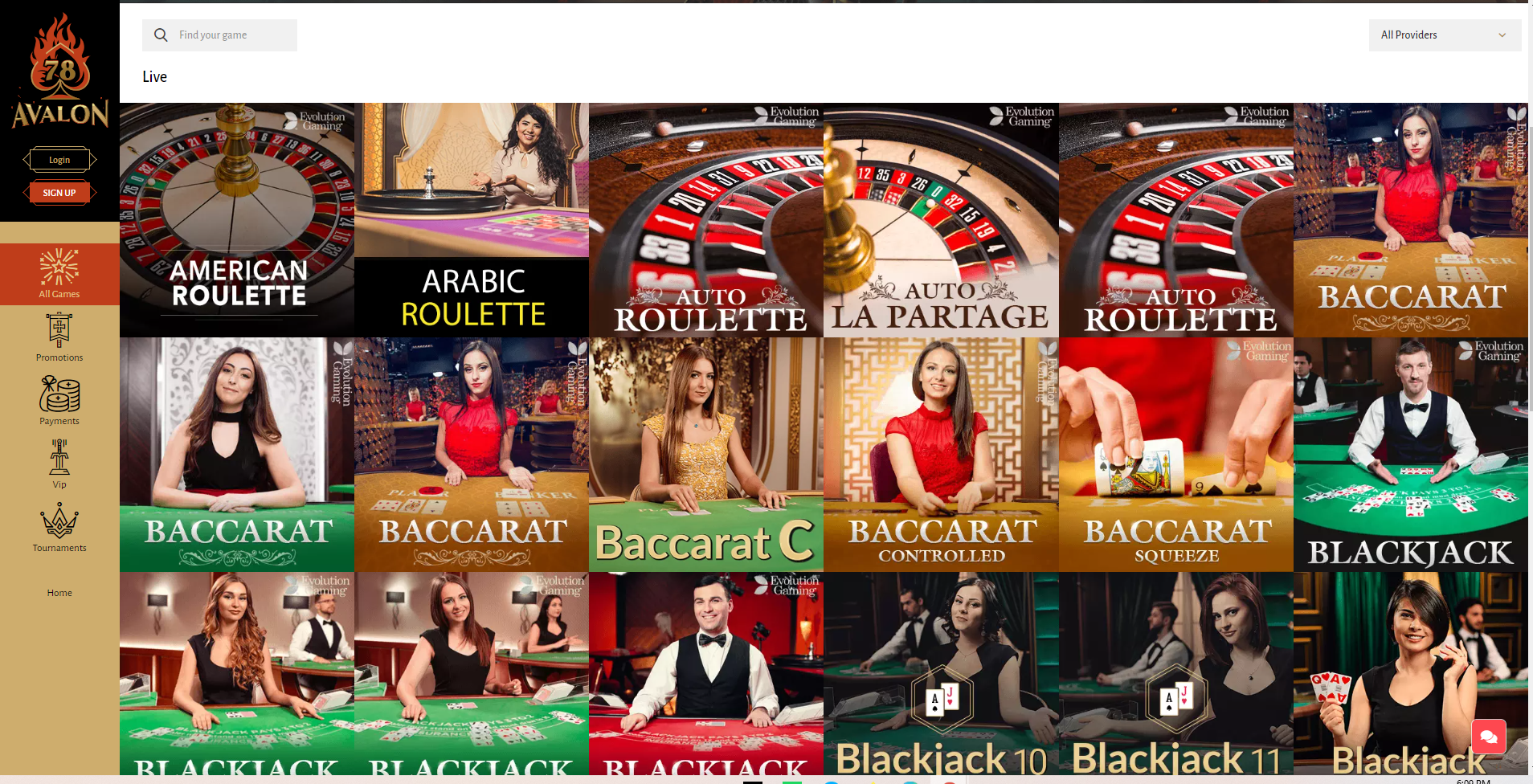 avalon78 live casino baccarat roulette blackjack evolution gaming