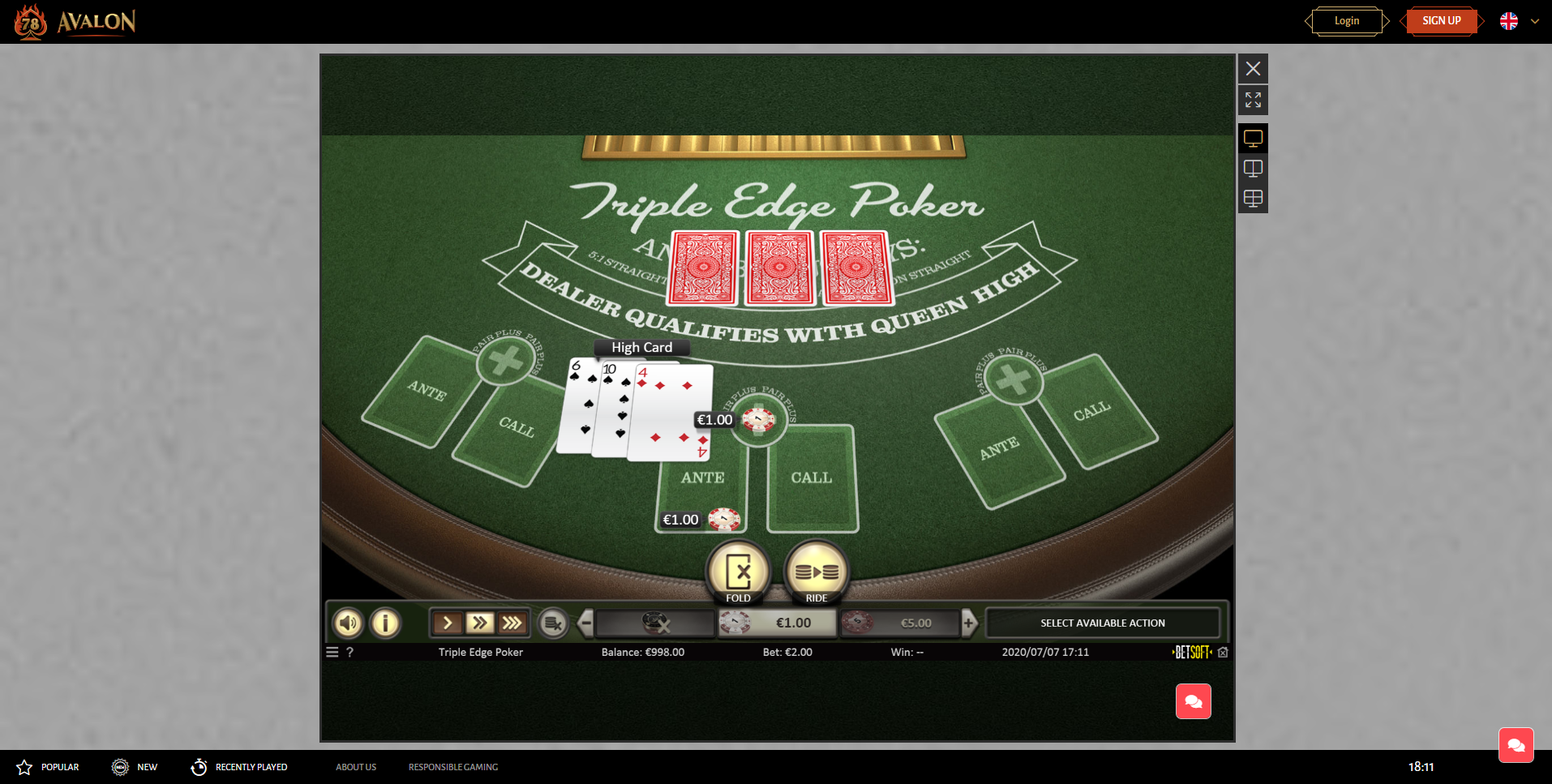 avalon78 poker triple edge poker call ante high card