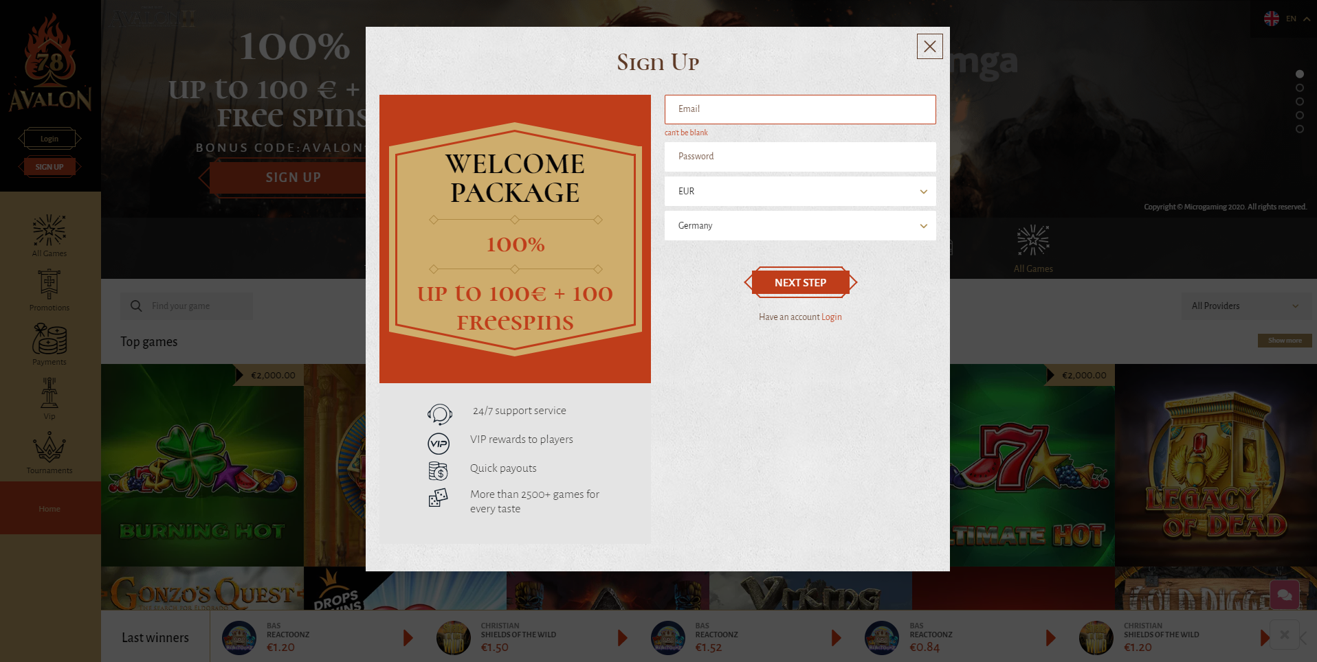 avalon78 sign up front page welcome package