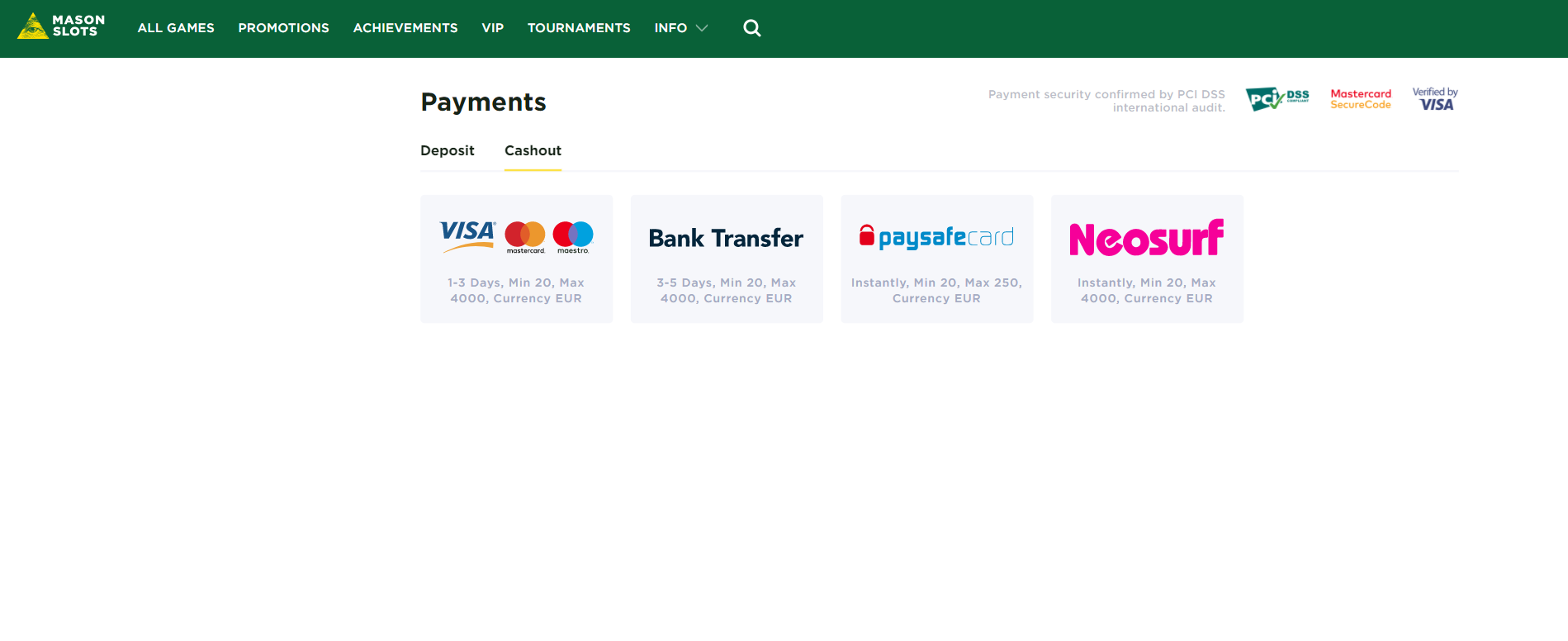 mason slots cashout withdrawal bank transfer bank card