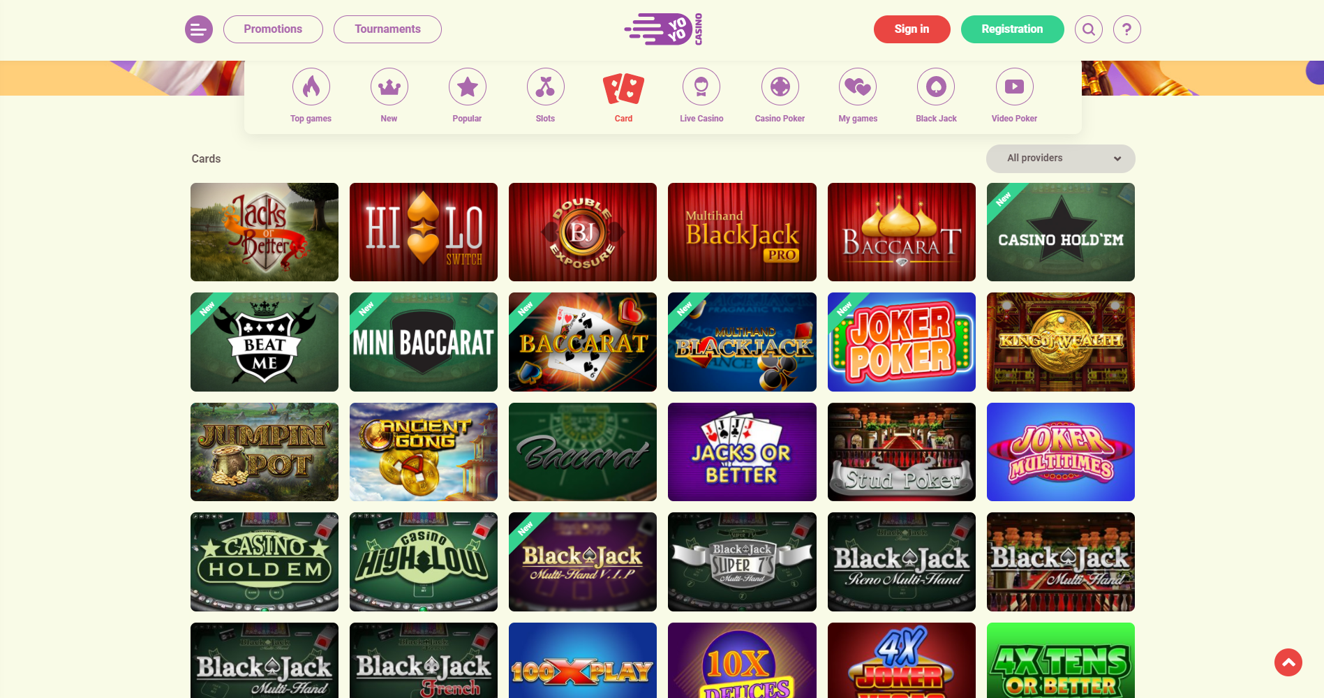 yoyo casino card games blackjack hi lo holdem baccarat jacks or better