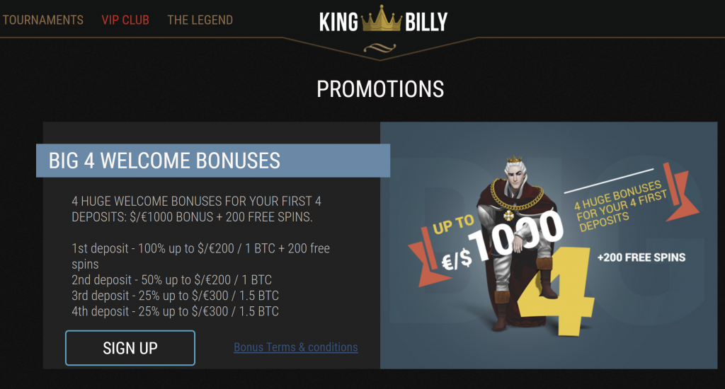King Billy casino welcome bonuses
