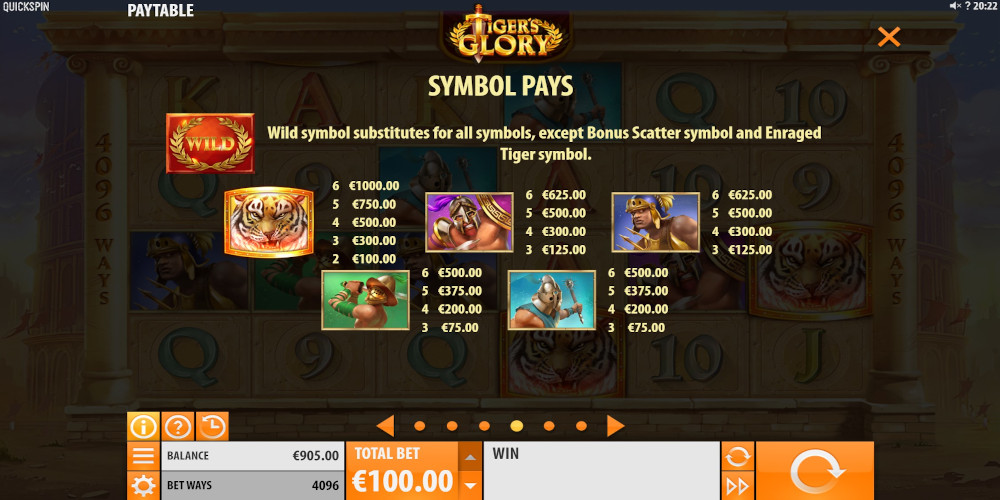 Tigers Glory slot by Quickspin - High Symbols Paytable