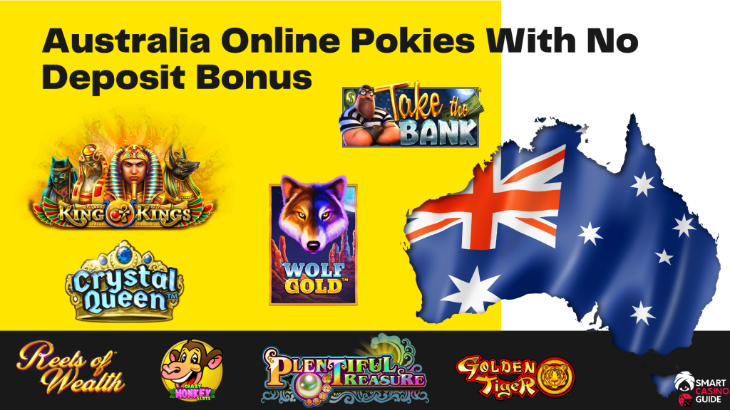 Australia Online Pokies With No Deposit Bonus with Australia Flag &amp; Pokies Logotypes
