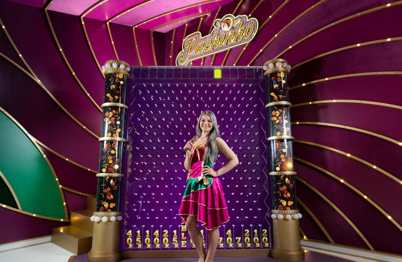 crazy time pachinko host dealer lady with a pink dress