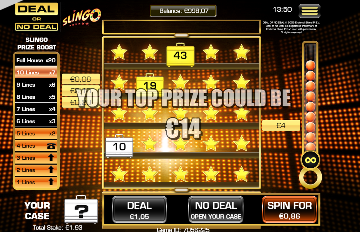 deal or no deal slingo top prize take the deal