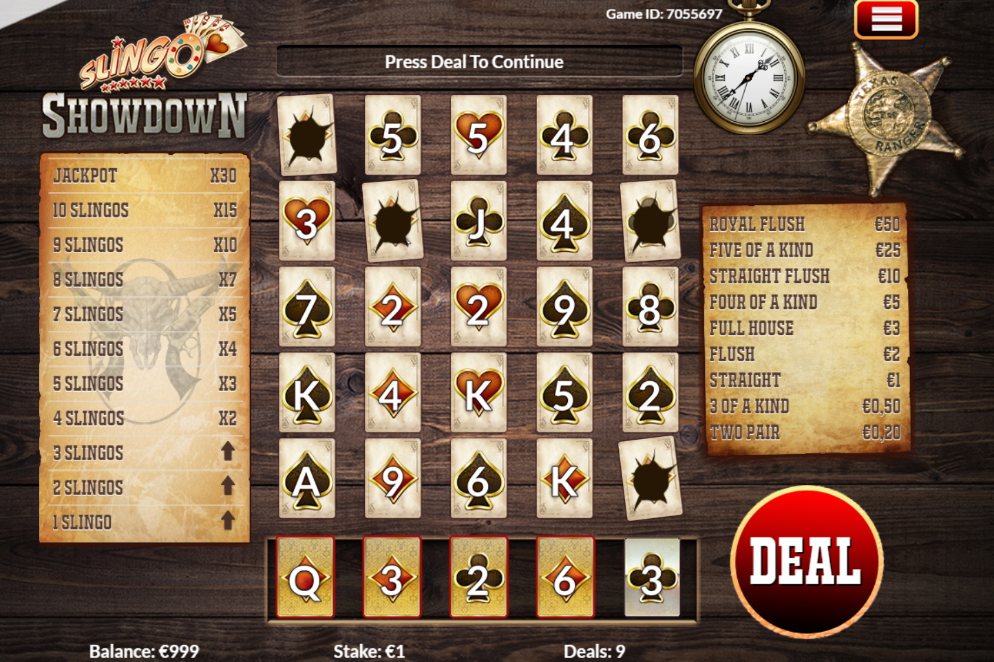 slingo showdown saloon sheriff star playing cards