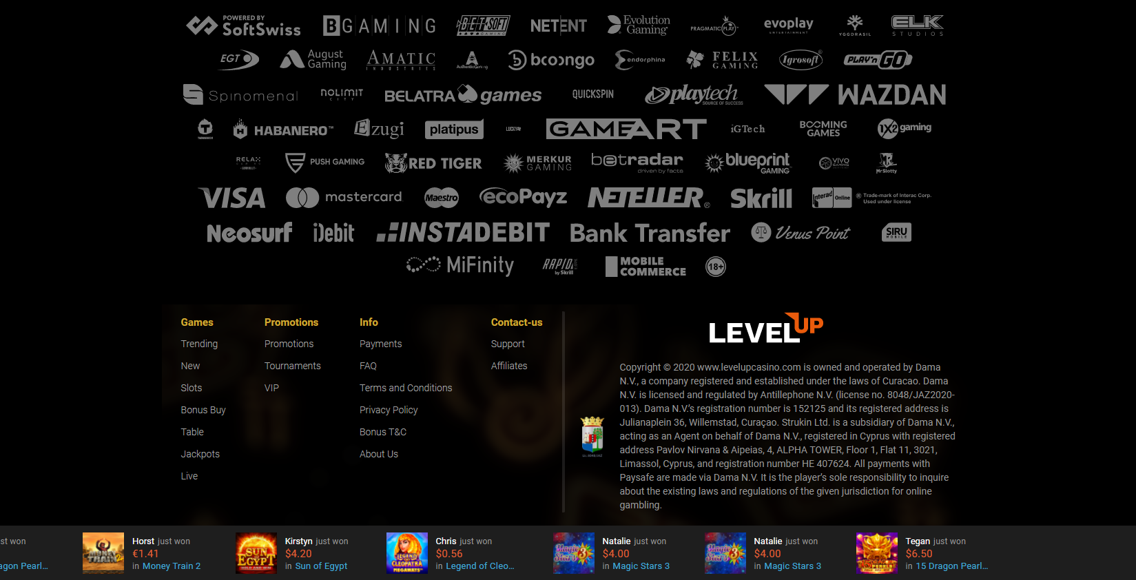 levelup casino license game providers payments methods
