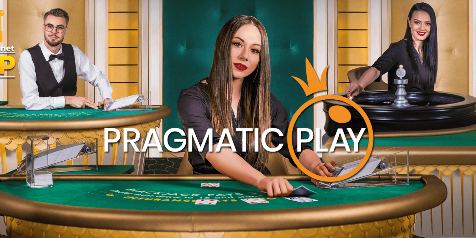 Pragmatic Play logo on the live casino dealers background