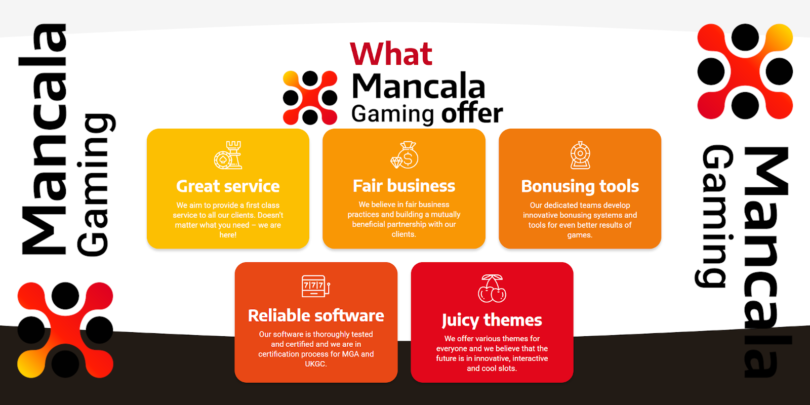 Mancala Gaming offers great service, fair business, bonusing tools, reliable software, juicy themes Mancala Gaming offers great service, fair business, bonusing tools, reliable software, juicy themes