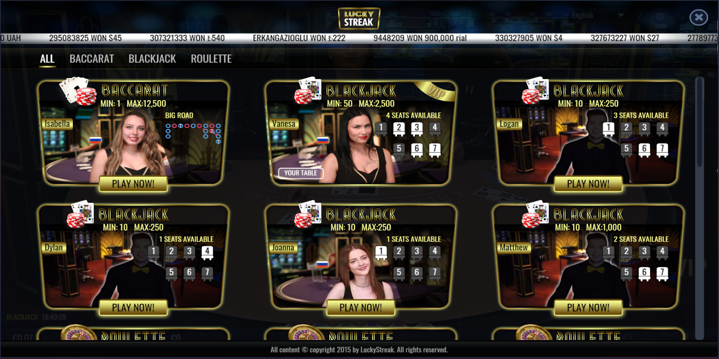LuckyStreak has wide list of live casino games and tables