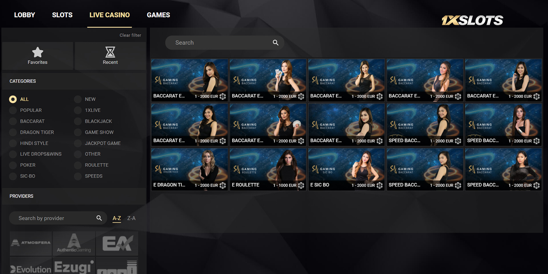 SA Gaming live casino games on 1xSlots