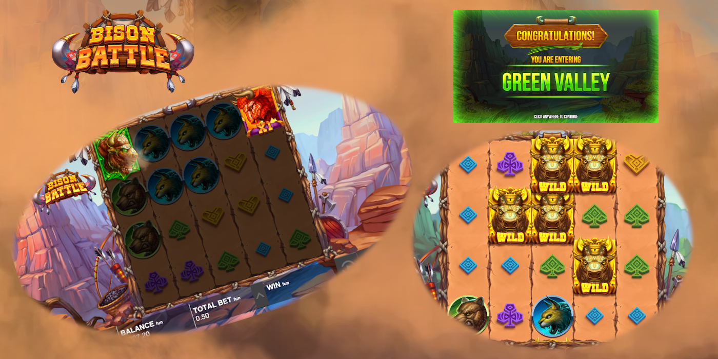 Green Valley feature gives you 8 Bison Battle Free Spins - try out this feature in DEMO mode Green Valley feature gives you 8 Bison Battle Free Spins - try out this feature in DEMO mode