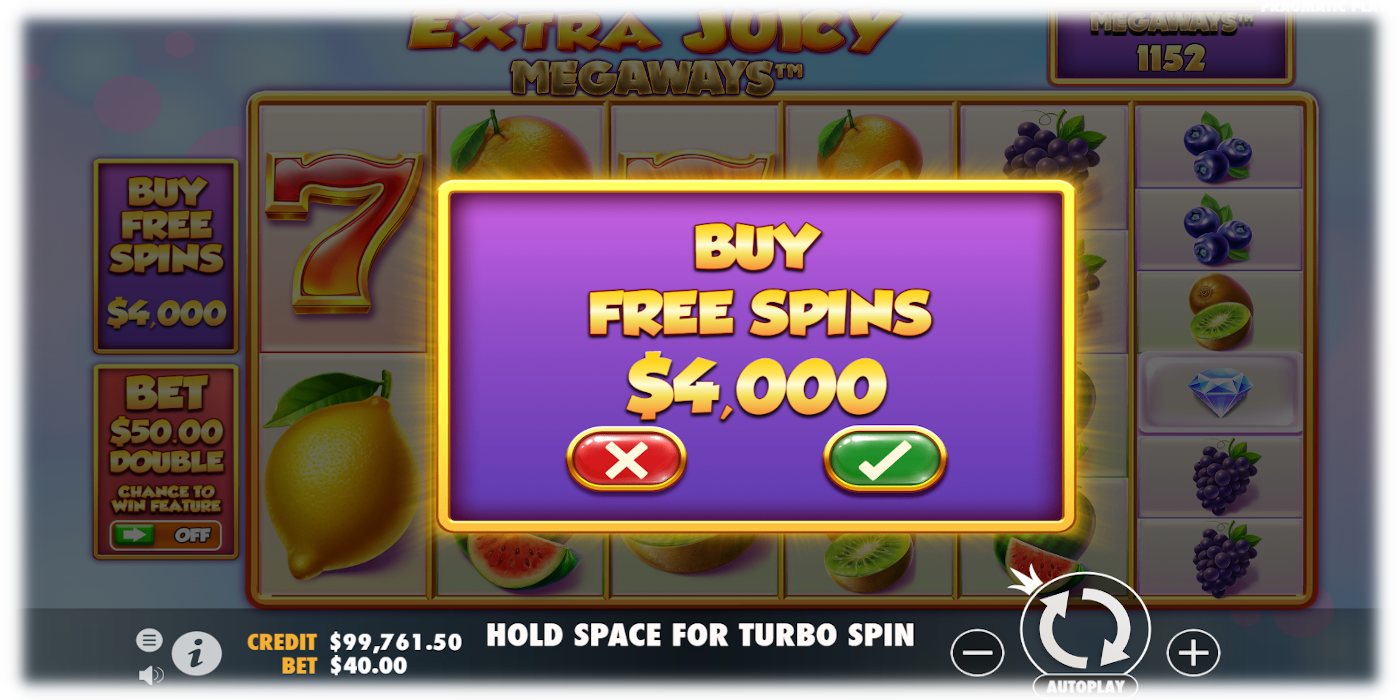 Extra Juicy Megaways slot Buy Free Spins feature - it cost 100x your bet