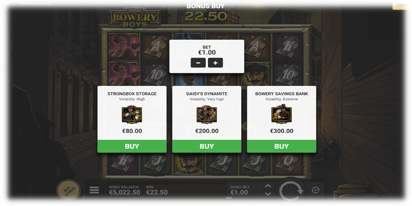 Free play DEMO version of The Bowery Boys online slot machine on SmartCasinoGuide