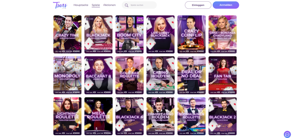 Tsars Live Casino Spiele Crazy Time Monopoly Live-Roulette-Blackjack