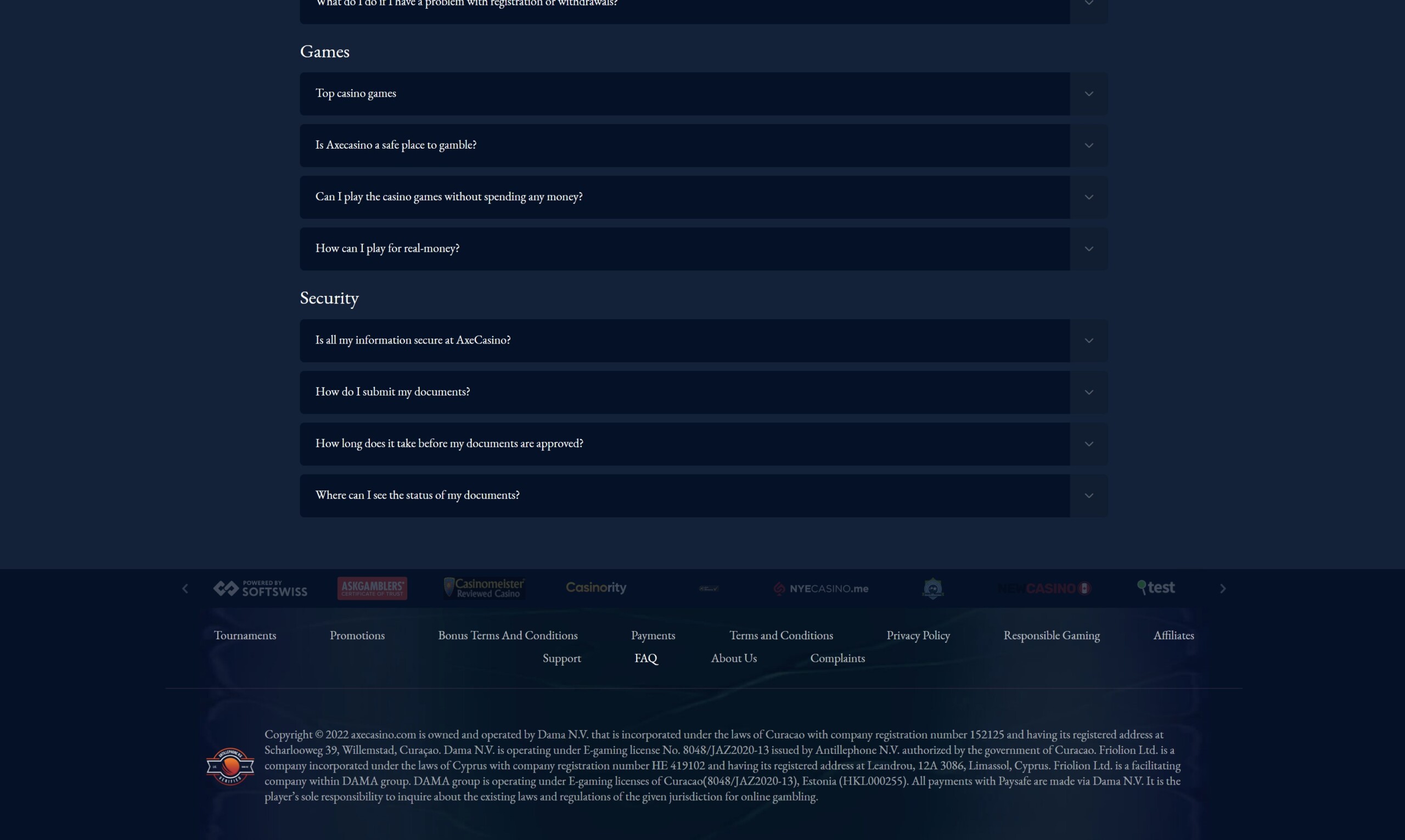 axecasino customer support live chat faq license