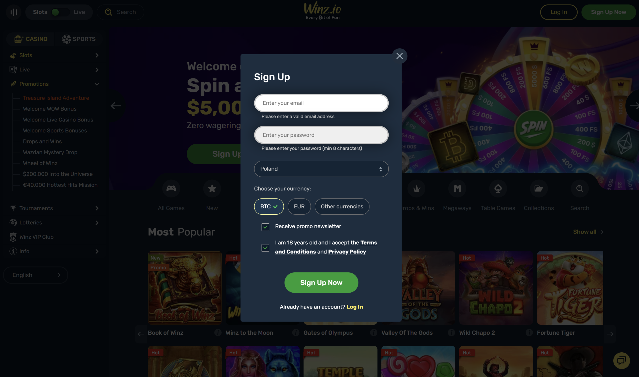 winz casino website sign up log in