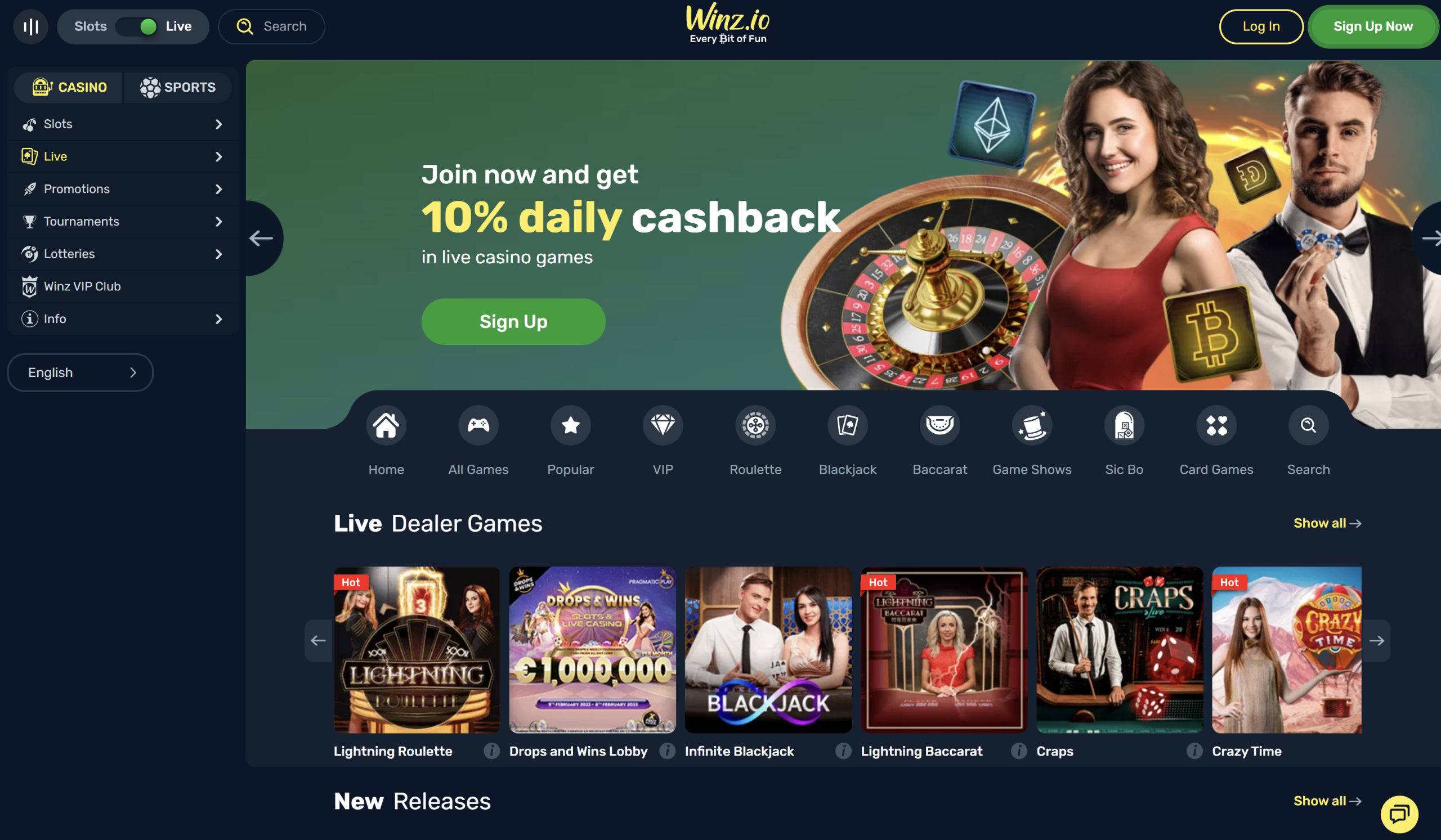 winz io live casino games lighting roulette 10% daily cashback