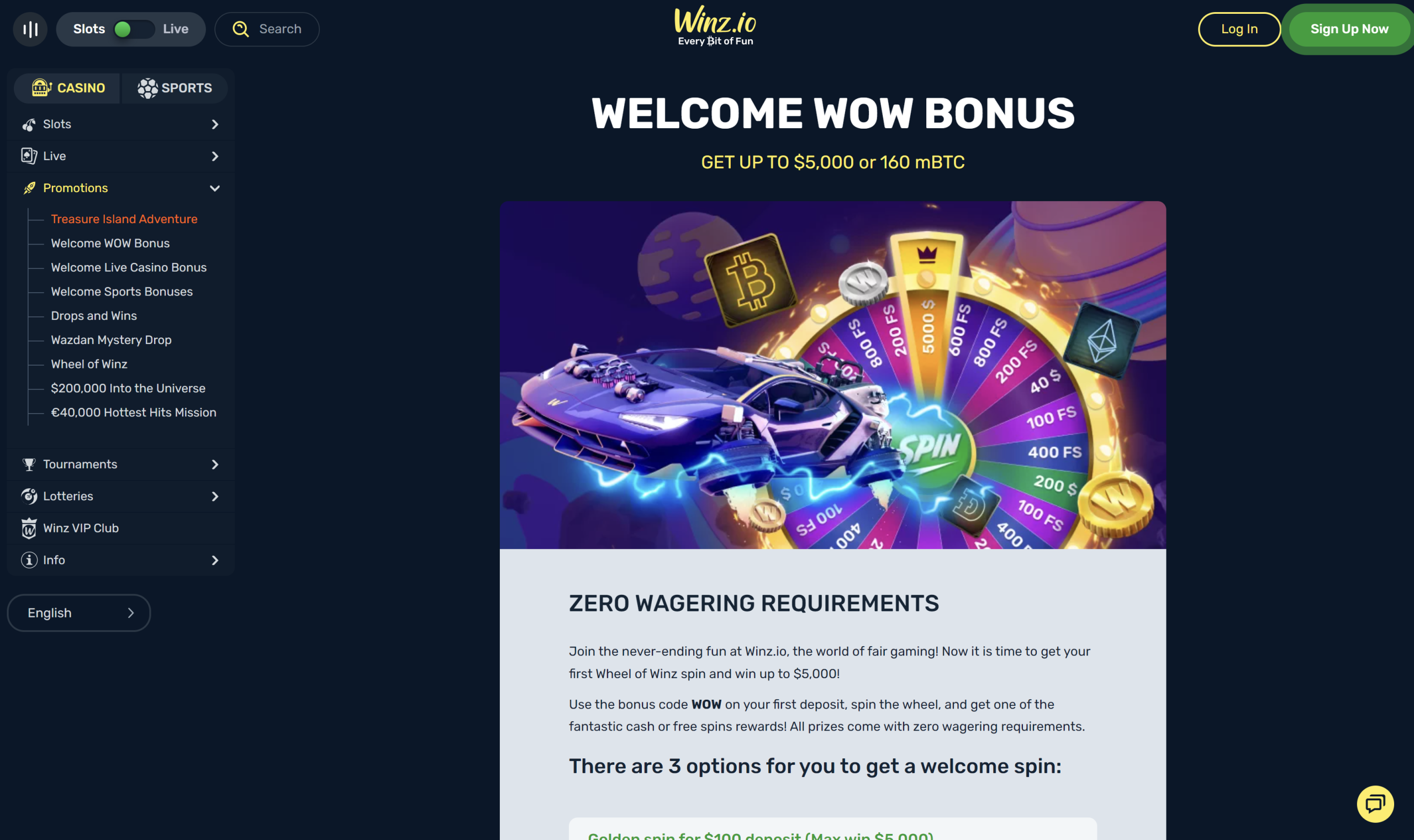 winz casino wager free zero wagering welcome wow bonus code wheel spin up to 5000$