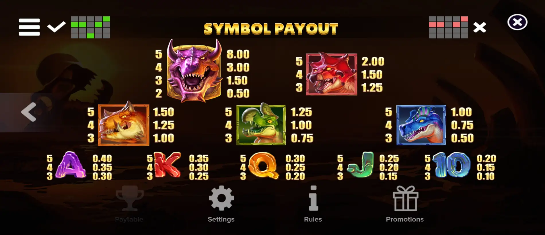 Paytable and Symbols rex-stampede-paytable-and-symbols
